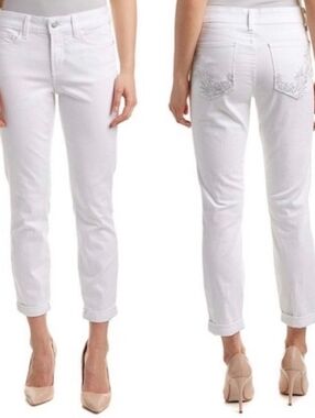 NYDJ White Ankle Crop Slim Jeans with Silver Jewelry And Embroidered Pockets